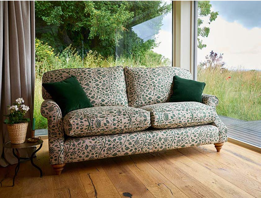 St Mawes 3 seater sofa in Spill Resistant RHS Gertrude Jekyll Trailing Vine Green scatters in Linwood Omega Velvet Hunter Green